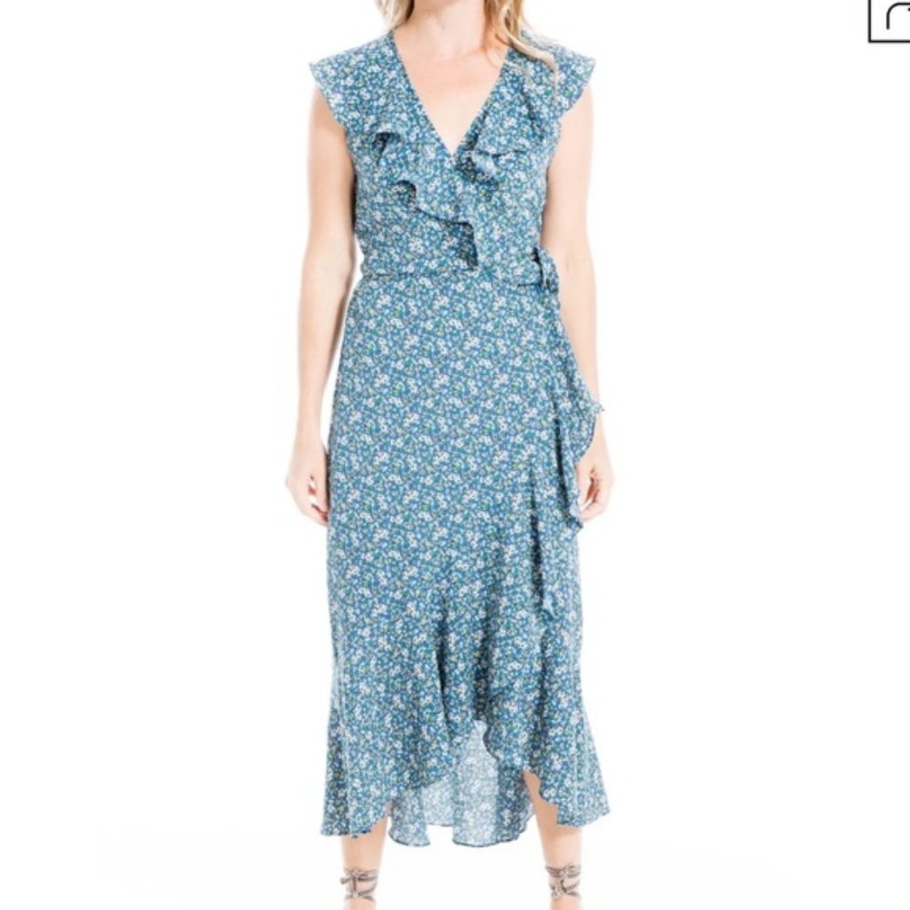 New! Max Studio Patterned Ruffle Wrap Midi Dress Size L